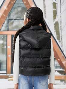 Tween Girl Zip Up Hooded Vest Padded Coat - Black - View 2
