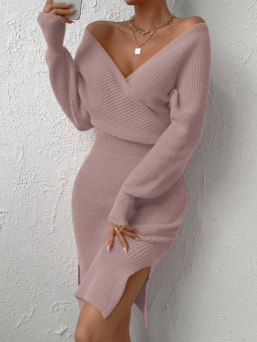 RosyDaze Surplice Neck Batwing Sleeve Split Thigh Sweater Dress Fall Winter Cloth For Women - Dusty Purple - View 1