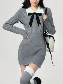 Contrast Collar Bow Front Sweater Dress - Light Grey - View 3