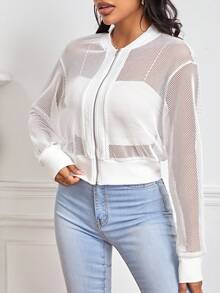 SHEIN Essnce Cazadora tipo bomber de hombros caídos con cremallera de malla - Blanco - Ver 3