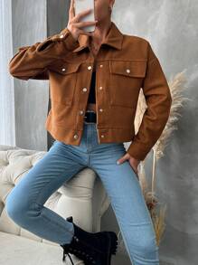 RueChic Flap Pocket Drop Shoulder Overcoat - Brown - View 3