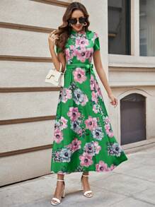 SHEIN Clasi Floral Print Belted Dress - Green - View 3