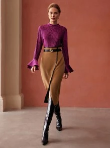 MOTF PREMIUM 羊毛混紡仿皮邊半身裙 - 駝色 - 查看 5