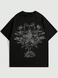 Grunge Punk Men Star & Floral Print Tee, School, 2000s Style