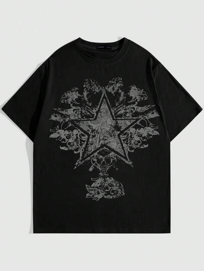 Grunge Punk Camiseta de hombre con estampado de estrella y floral, estilo escolar, años 2000