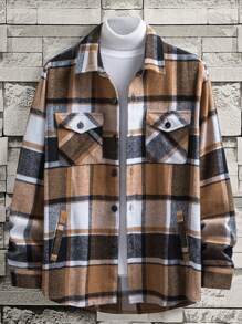 男士格紋印花翻蓋口袋襯衫式夾克 - 卡其色 - 查看 6