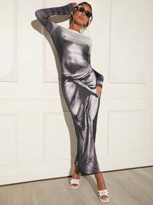 SHEIN BAE Figure Graphic Asymmetrical Hem Bodycon Dress - Blue - View 4