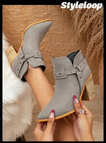 Styleloop 女士們時尚尖頭鉚釘粗跟踝靴 - 淺灰色 - 查看 6