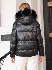 Two Way Zip Up Fuzzy Trim Hooded Down Coat - Black - View 2