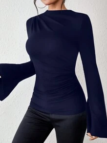 Chiquease Camiseta con mangas acuchilladas y plisadas de un solo color
