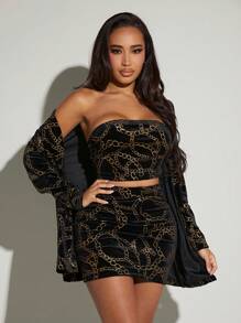 SHEIN SXY 錬條圖案絲絨抹胸上衣&包臀半身裙&外套 - 彩色 - 查看 3