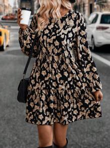 SHEIN LUNE Allover Print Ruffle Hem Smock Dress - Coffee - View 5