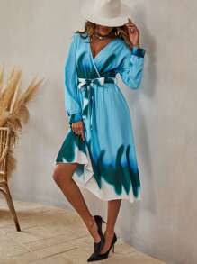 Breezaya Chevron Print Belted A-Line Wrap Detail Belted Dress