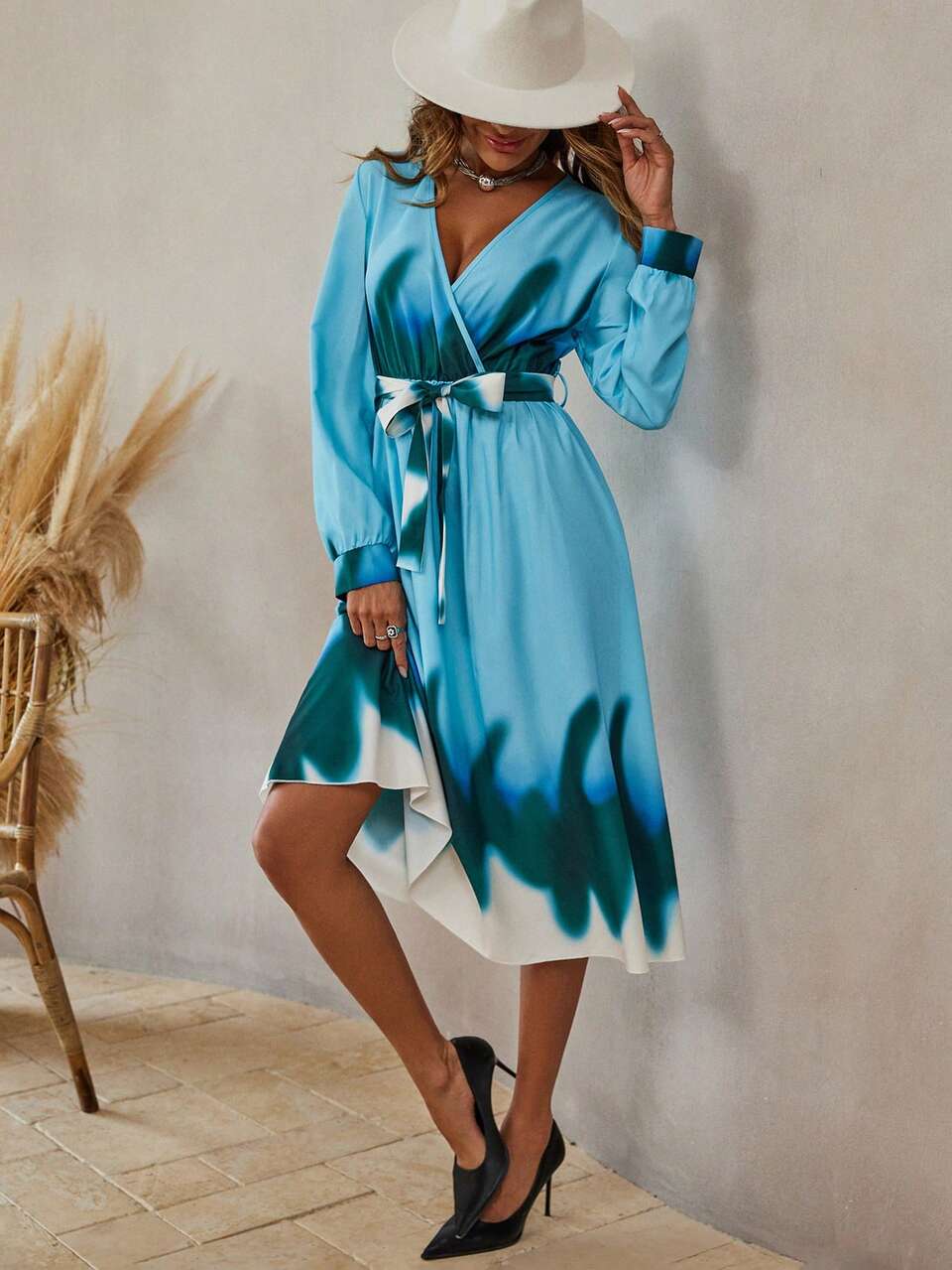 Chevron Print Belted A-Line Wrap Detail Belted Dress
