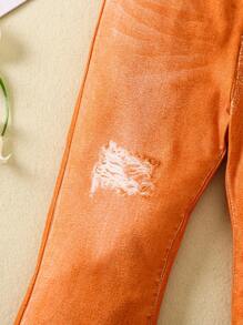 SHEIN 女小童牛仔效果拼接蕾絲下擺喇叭褲 - 彩色 - 查看 3