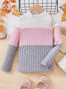 SHEIN Leap Crew 年轻女孩时尚街头针织圆领撞色长袖上衣 - 彩色 - 查看 1