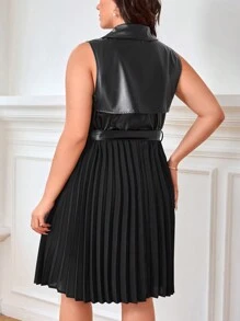 SHEIN Clasi Plus Double Breasted Pleated Hem Belted PU Leather Coat - Black - View 2