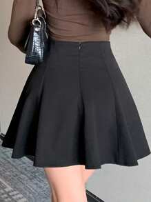 DAZY 纯色高腰喇叭裙秋季半身裙 - 黑色 - 查看 6