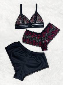 Classic Sexy Plus Floral Lace Lingerie Set With Satin Shorts - Black - View 2