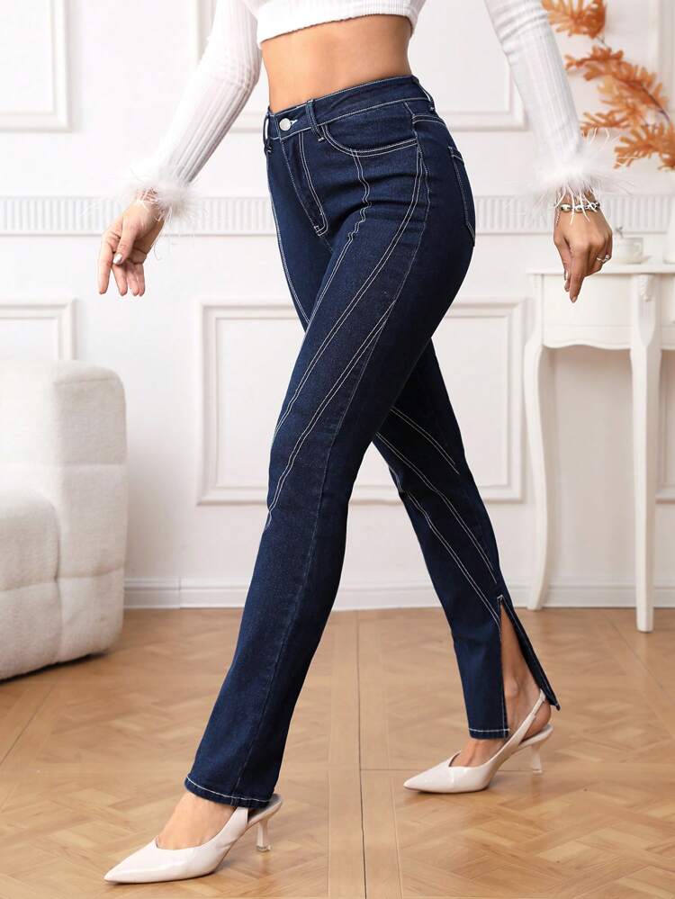 Jeans With Outer Seam, Slit Hem