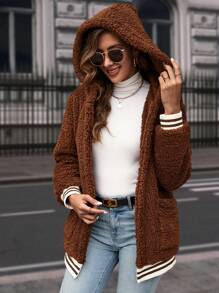 SHEIN LUNE 條紋飾邊雙口袋連帽絨毛外套 - 棕色 - 查看 1