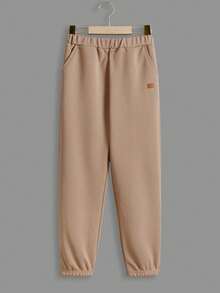 SHEIN Tween Boy Letter Patched Detail Drop Shoulder Tee & Sweatpants - Khaki - View 4