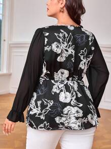 SHEIN Clasi 大碼印花喇叭袖荷葉邊下擺襯衫 - 黑與白 - 查看 2