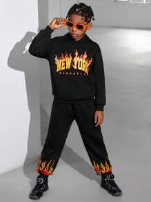 2pcs/Set Tween Boys Casual Printed Hoodie And Printed Pants Knit Fleece Thickened Outfit - Black - View 4