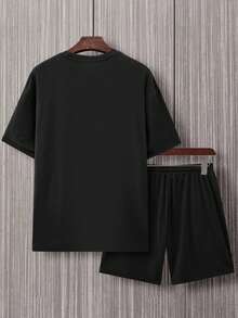 Manfinity Homme Loose Fit Men's Letter Printed T-Shirt & Drawstring Waist Shorts - Black - View 2