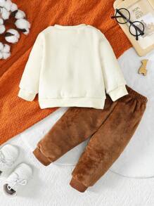 SHEIN Playful Pals Baby Boy Dinosaur Embroidery Teddy Sweatshirt & Pants - Multicolor - View 2