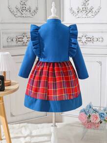 SHEIN Young Girl Plaid Print Dress & Ruffle Trim Jacket - Multicolor - View 2