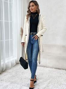 SHEIN Clasi Contrast Trim Dual Pocket Striped Trim Cable Knit Drop Shoulder Cardigan - White - View 5