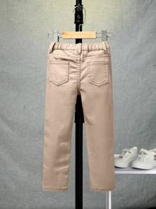 SHEIN Young Boy's Distressed Whisker Design Elastic Waist Casual Washed Jeans - Khaki - View 2