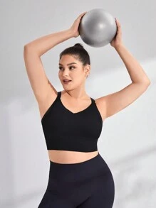 Easithlete Plus Solid Crisscross Back Sports Bra - Black - View 5