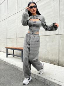 SHEIN EZwear Letter Patched Detail Cutout Drawstring Hoodie & Sweatpants - Dark Grey - View 5