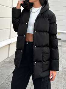 EURMUSE Snap Button Hooded Puffer Coat - Black - View 4