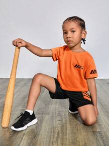 SHEIN Young Boy Letter Graphic 2 In 1 Active Set - Orange - View 6