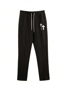 Manfinity EMRG Men Cross Print Drawstring Waist Sweatpants Long Flare Going Out Goth Friends, Back To School