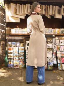 SHEIN Frenchy Contrast Collar Drawstring Waist Slant Pocket Coat - Khaki - View 2