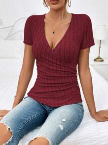 SHEIN Privé Surplice Neck Button Detail Ribbed Knit Tee - Burgundy - View 3