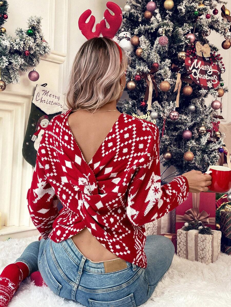 SHEIN LUNE Christmas Geo Pattern Twist Back Drop Shoulder Sweater Knit Pullover Fall Winter Outfit