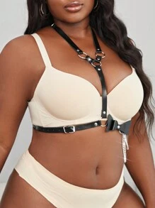 Plus Ring Linked PU Leather Harness Bra Without Liner - Black - View 3