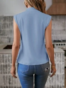 SHEIN LUNE Solid Mock Neck Cap Sleeve Tee - Blue - View 2