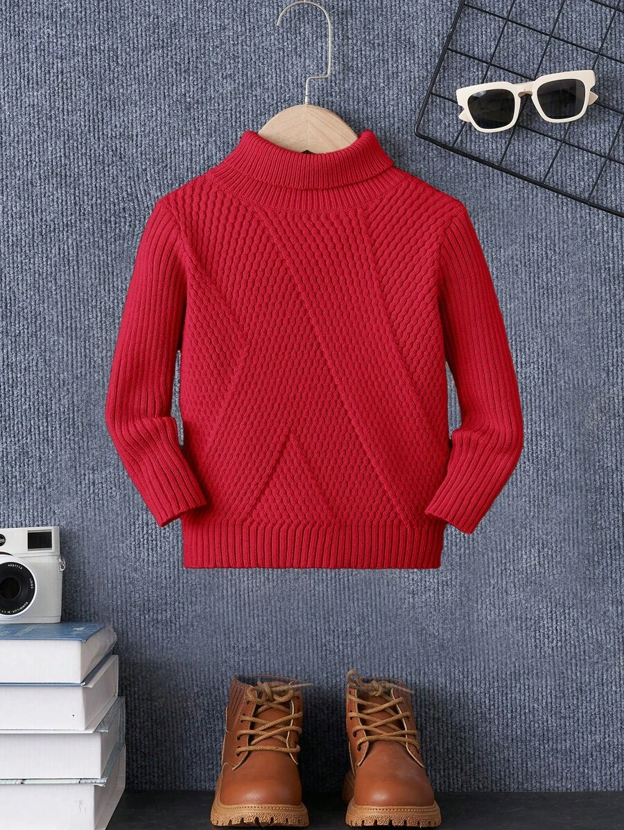 SHEIN Young Boy Turtleneck Cable Knit Sweater,In Fall/Winter - Red - View 1