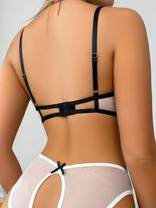 刺繡網紗鋼託內衣套裝 - 黑與白 - 查看 2