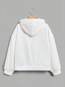 SHEIN EZwear 大码印花落肩抽绳卫衣 - 白色 - 查看 2