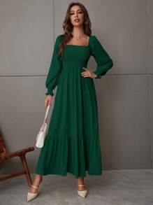 LUMIGAL Square Neck Shirred Ruffle Hem Dress Maxi Vacation Beach Outfits Women Fall Cloth For Women - Dark Green - View 5