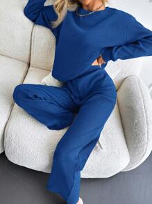 EURMUSE Women's Solid Color Drop Shoulder Long Sleeve Top And Pants Casual 2-Piece Set - Royal Blue - View 4
