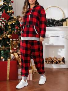 SHEIN LUNE 大碼拼接面大格紋抽繩連帽衫和運動褲 - 紅色 - 查看 7