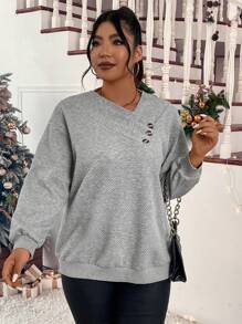 SHEIN LUNE Plus Button Detail Asymmetrical Neck Sweatshirt Graduation,Back To School,Graduation,Teacher For Women,Back To School Pullover Fall Winter Sweatshirt Autumn - Multicolor - View 4